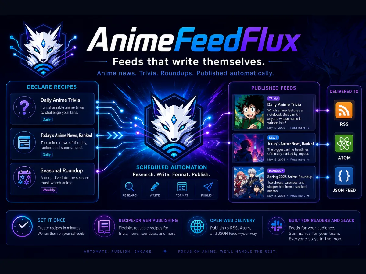 AnimeFeedFlux brand poster — Feeds that write themselves.