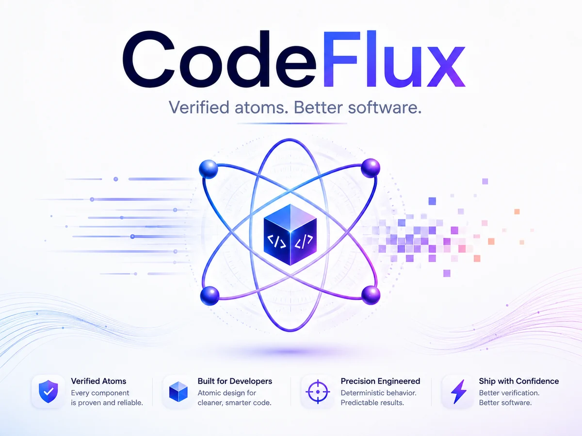 CodeFlux brand poster — Verified atoms. Better software.