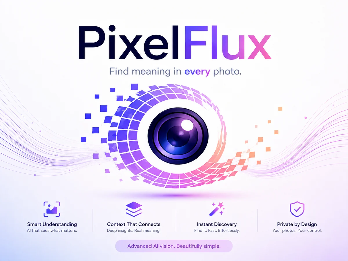 PixelFlux brand poster — Find meaning in every photo.