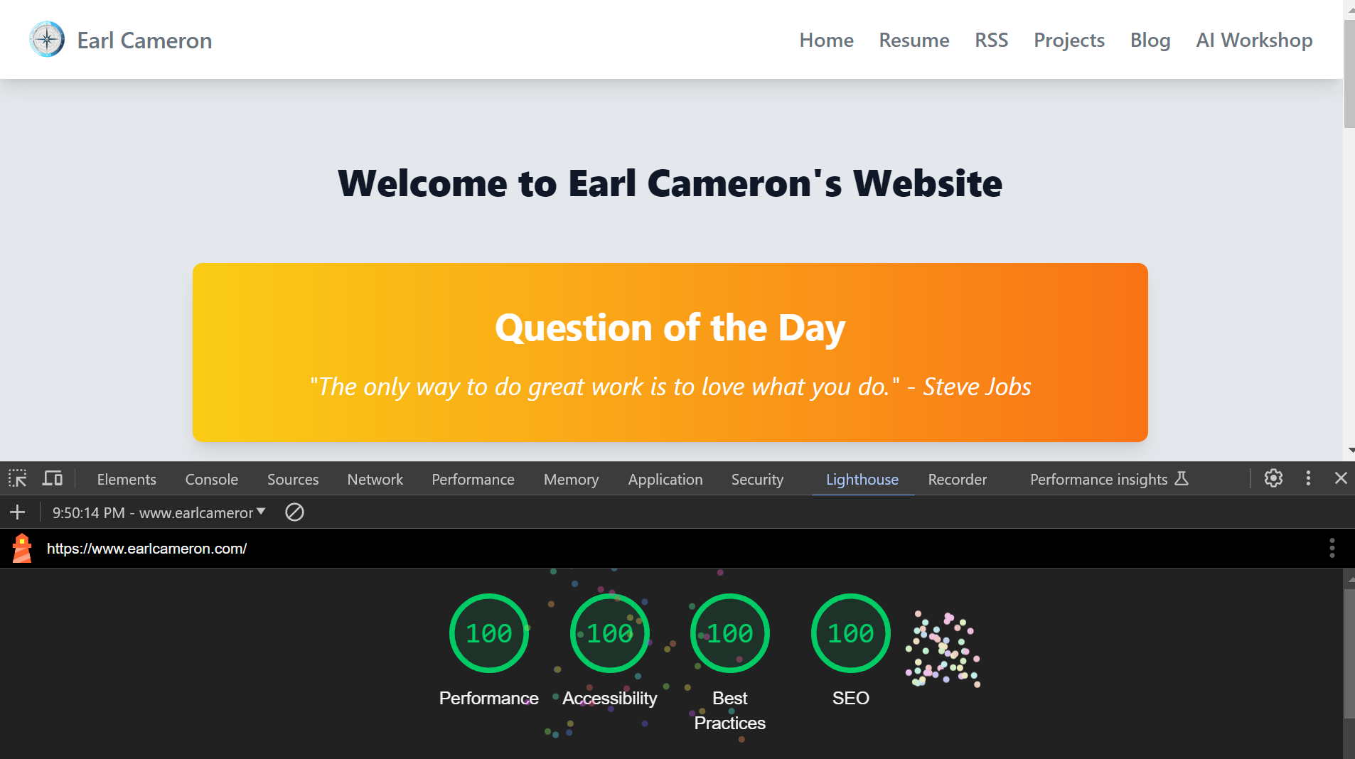 Lighthouse scores showing 100 for Performance, Accessibility, Best Practices, and SEO